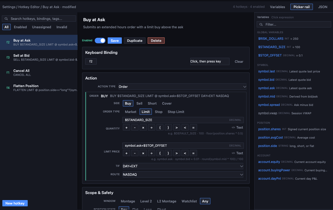 Hotkey Editor — Buy at Ask action with keyboard binding, quantity and limit-price expressions, variables rail
