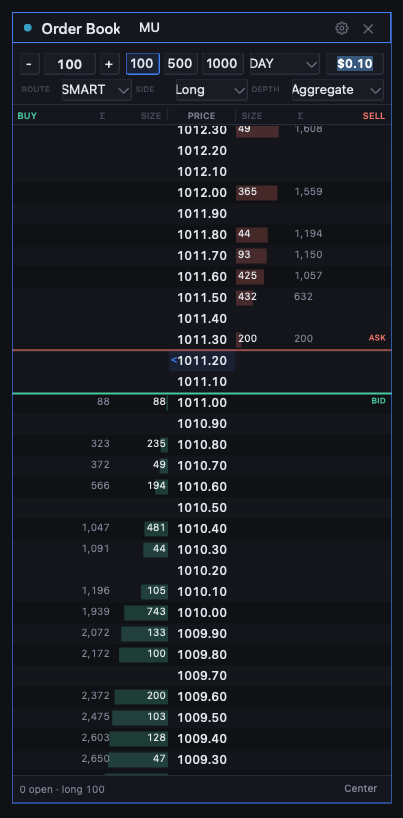 Order Book — price ladder with size bars, route and side controls